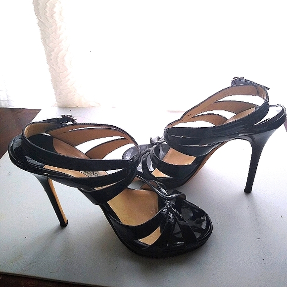 JIMMY CHOO 39 ALL LEATHER PATENT LEATHER PLATFORM SANDAL CAGED STILETTO HEELS - Picture 3 of 11